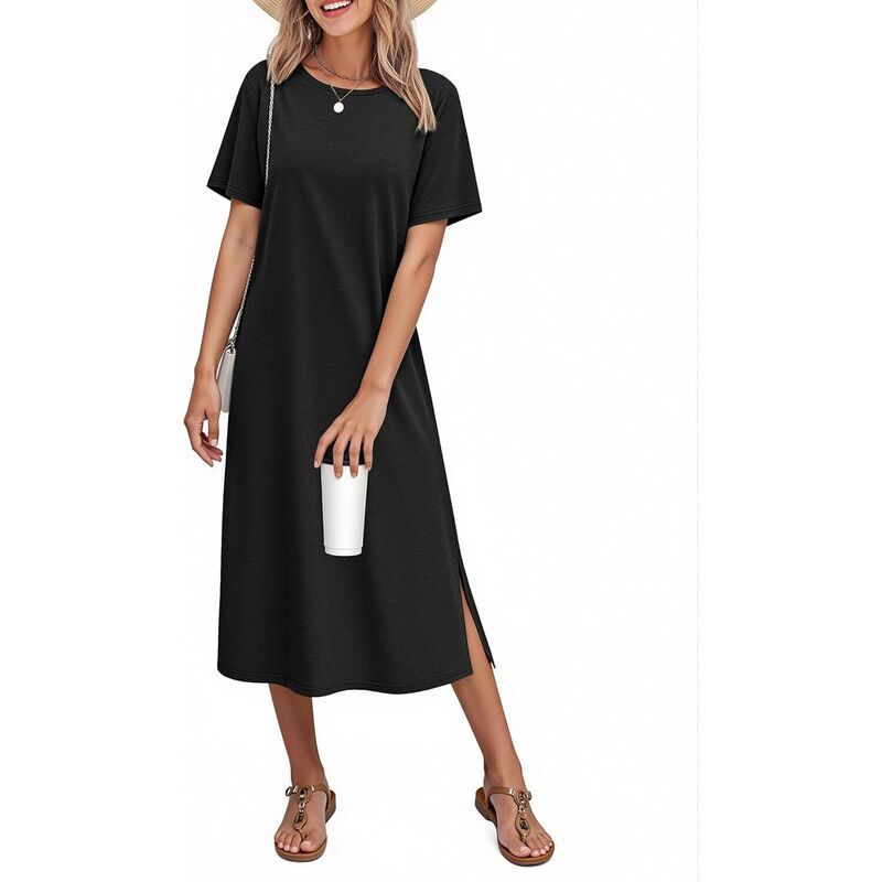 エコアー レディース アンダーウェア ナイトウェア コットン Ekouaer Cotton Short Sleeve Long Night Gown Black ブラック