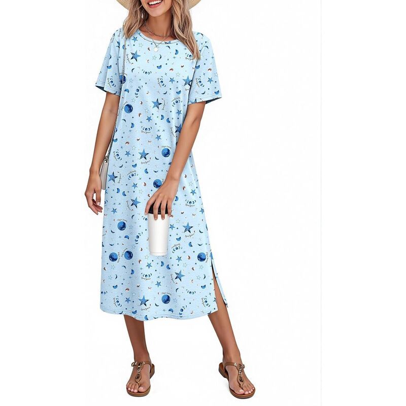エコアー レディース アンダーウェア ナイトウェア コットン Ekouaer Cotton Short Sleeve Long Night Gown Light Blue Print ブルー