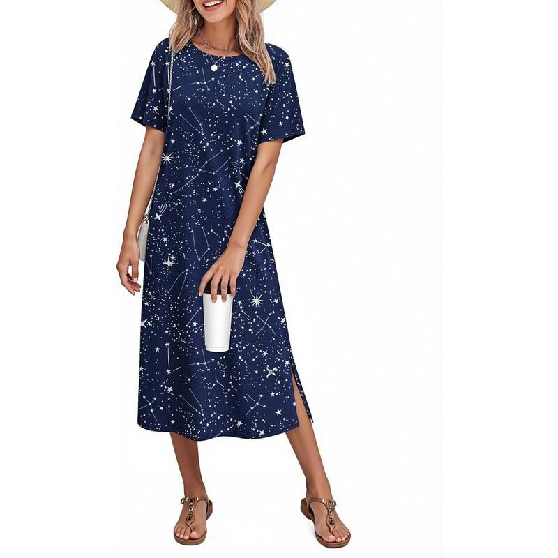 エコアー レディース アンダーウェア ナイトウェア コットン Ekouaer Cotton Short Sleeve Long Night Gown Blue Print ブルー