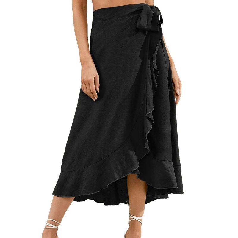 クリアフラワー レディース ボトムスカート シフォン ClearFlower Womens Wrap Side Tie Irregular Elegant Chiffon Long Skirt Bla