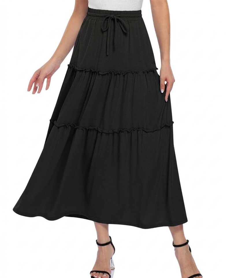 クリアラブ レディース ボトムスカート フリル裾 ハイウエスト フリル マキシ Clearlove Womens High Waist Maxi Skirt Ruffle Hem Drawstring