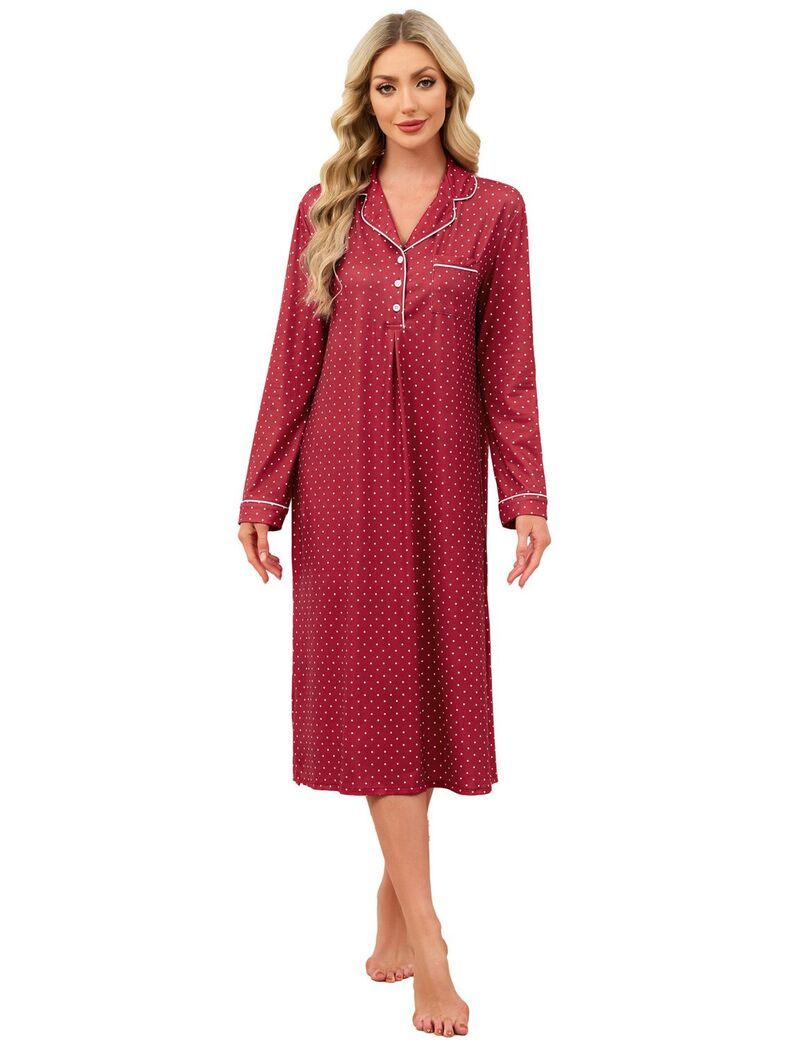 ファンジュライ レディース アンダーウェア ナイトウェア FUNJULY Womens Nightgown Long Sleeve Sleepwear Pajamas Dark Red レッド