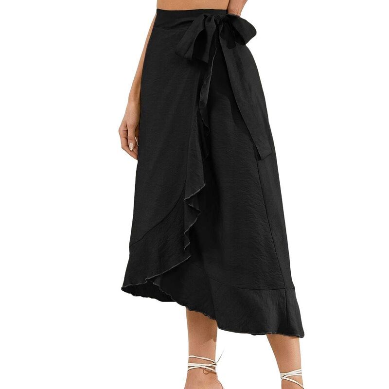 エリートスピリット レディース ボトムスカート フリル ミディ EliteSpirit Womens Wrap Midi Skirt Ruffled Hem SelfTie Belt Designed