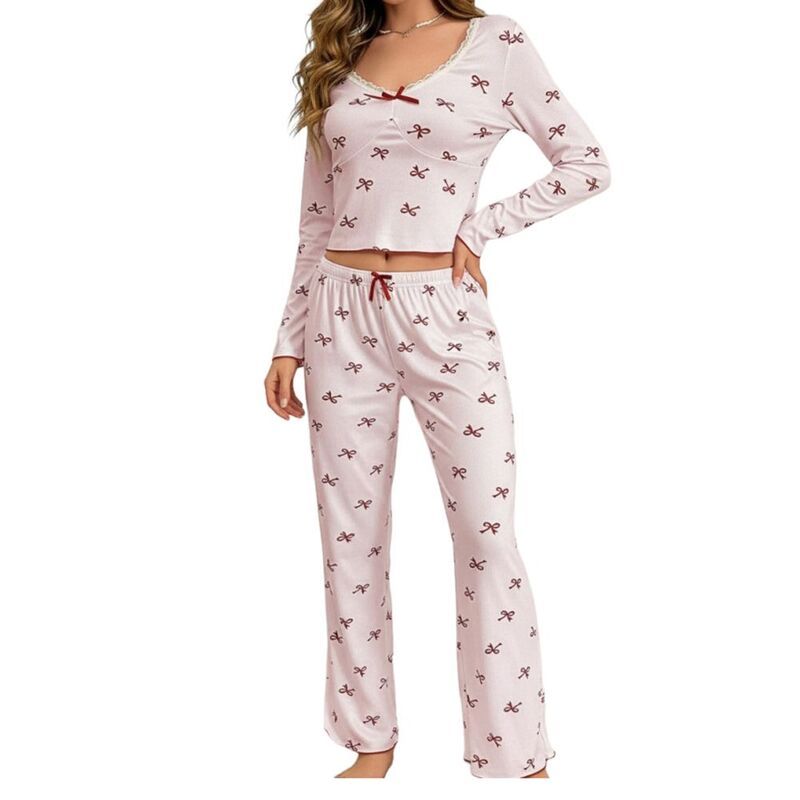 セオリア レディース アンダーウェア ナイトウェア プリント パンツ Seoria Womens 2 Piece Printed Long Sleeve Pajama Set With Bow Ela