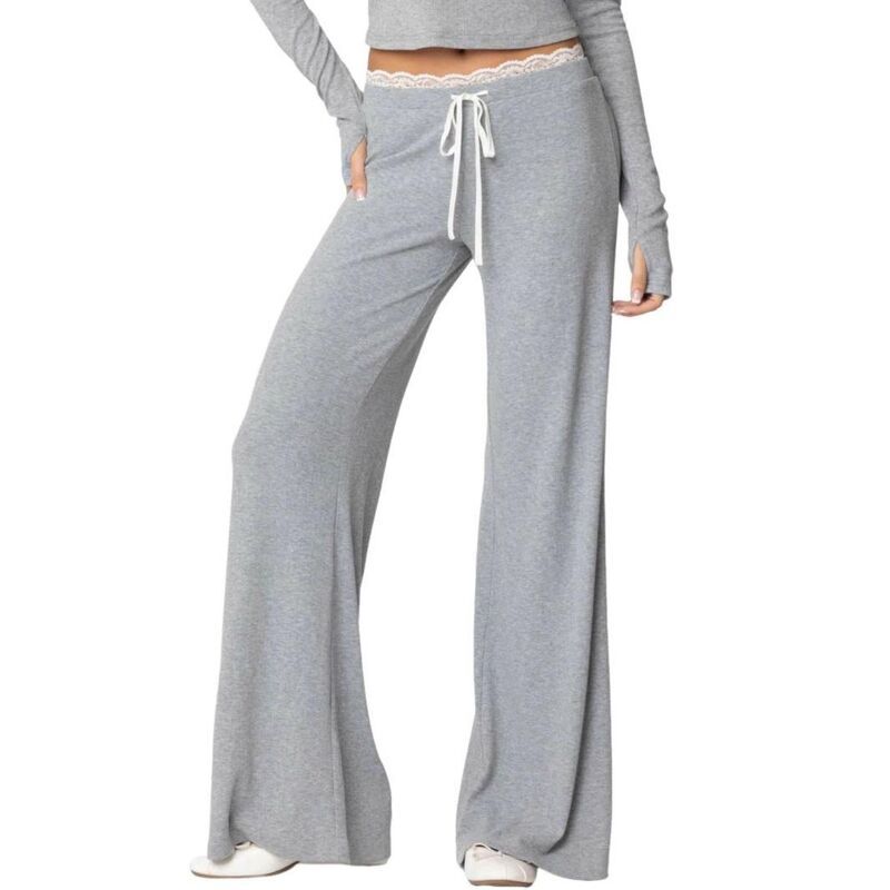 セオリア レディース ボトムス カジュアルパンツ ワイドレッグ レーストリム スウェットパンツ レース Seoria Womens Wide Leg Sweatpants Baggy Elastic