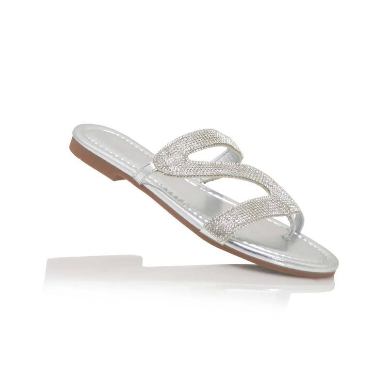 FC デザイン レディース シューズ サンダル FC Design Black Rhinestone SShape Strap Flathong Sandalsilver シルバー