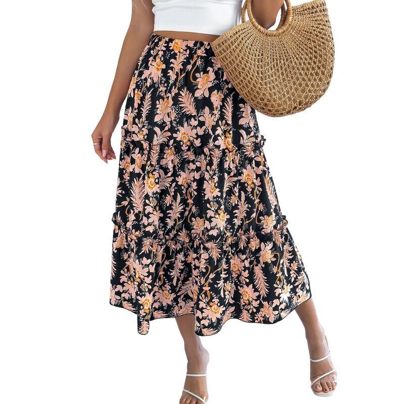 エリートスピリット レディース ボトムスカート ティアード A ライン フラワー柄 フリル ミディ フラワー EliteSpirit Long Skirts for Women Boho Floral
