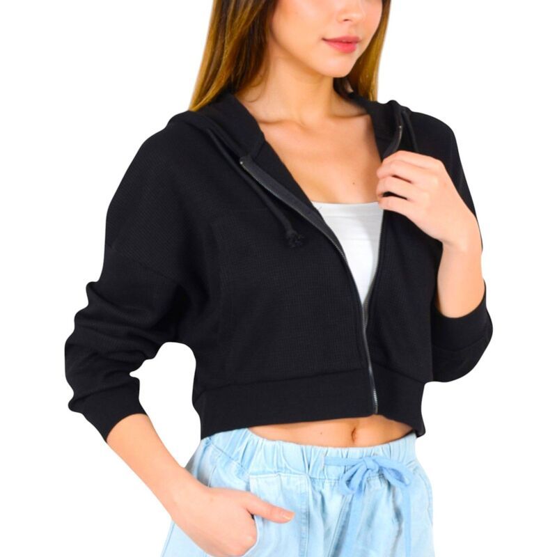 アンナカシ レディース アウター ジャケット・ブルゾン クロップド ニット パーカー AnnaKaci Womens Cropped Waffle Knit ZipUp Hoodie with Dra