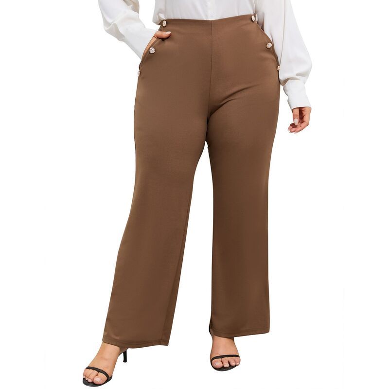 セオリア レディース ボトムス カジュアルパンツ プラスサイズ ハイウエスト Seoria Womens Plusize HighWaisted Flare Pants Pearl Button Ac