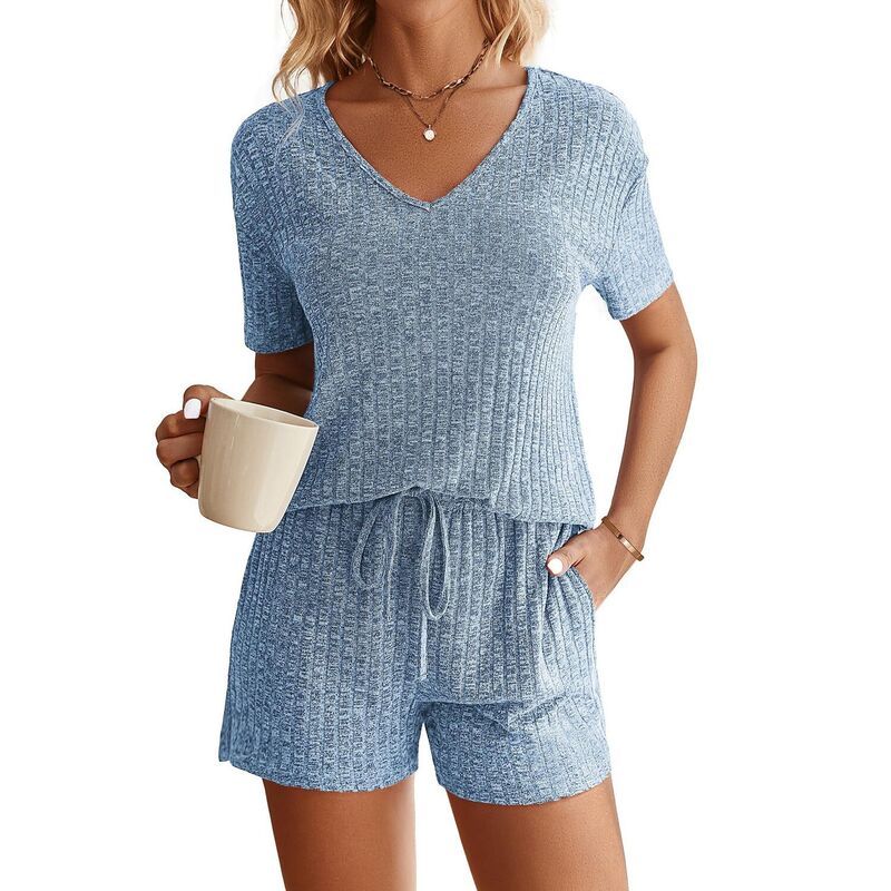 エコアー レディース アンダーウェア ナイトウェア リブ ショートパンツ ニット Ekouaer Womens Ribbed Knit Lounge Set Short Sleeve Top and