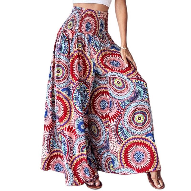 イエスファッション レディース ボトムス カジュアルパンツ ワイドレッグ フラワー柄 フラワー Yesfashion Womens Boho Floral Shirred High Waisted W