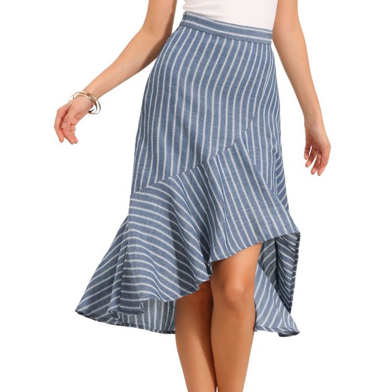 インスパイア シック レディース ボトムスカート A ライン フリル ミディ INSPIRE CHICasual Stripe Skirt for Womensummer High Low Hem R