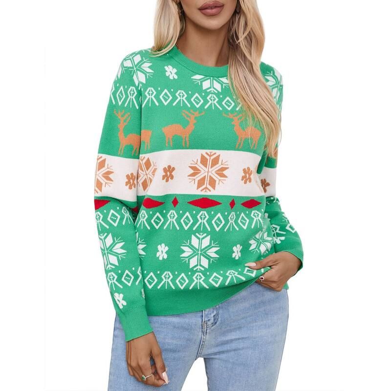 コジョイン レディース アウター ニット・セーター クルーネック Kojooin Womens Festive Reindeer Snowflake Christmasweater Crew Neck