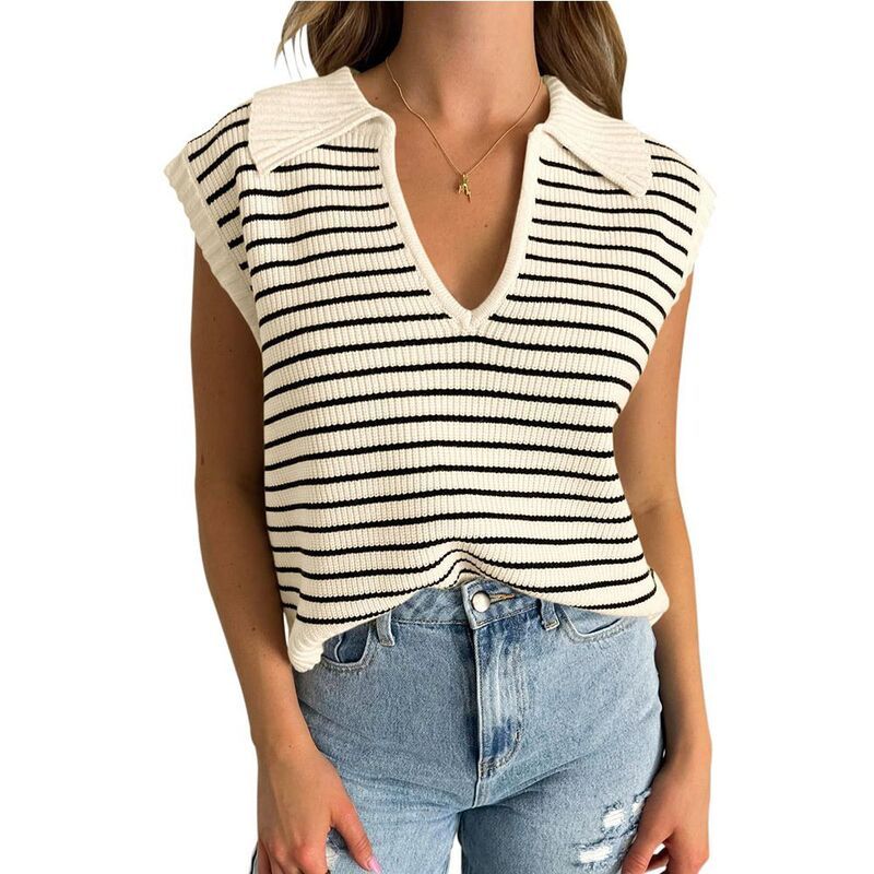 イエスファッション レディース アウター ニット・セーター ベスト ノースリーブ キャップ Yesfashion Sweate Vest Women Collared Stripe Knit Pull