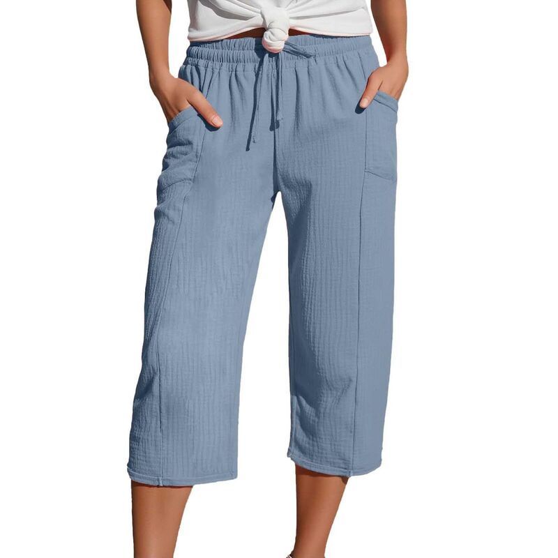 コジョイン レディース ボトムス カジュアルパンツ クロップド キャップ リネン Kojooin Women Cropped Linen Pants Drawstring Elastic Waiste