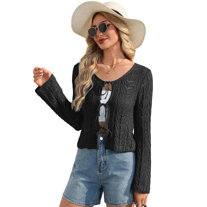 コジョイン レディース アウター ニット・セーター カーディガン Kojooin Women Tie Front Cardigan Hollow Out Knit Crop Top Black ブラッ