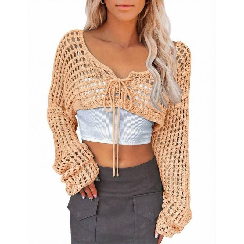 セオリア レディース アウター ニット・セーター クロップド Seoria Women Cropped Knitop Tie Front Hollow Out Shrug Sweater Beige