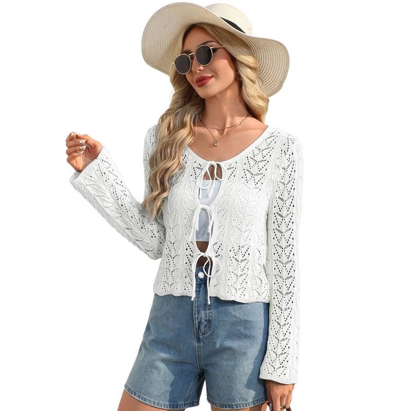 コジョイン レディース アウター ニット・セーター カーディガン Kojooin Women Tie Front Cardigan Hollow Out Knit Crop Top White ホワイ