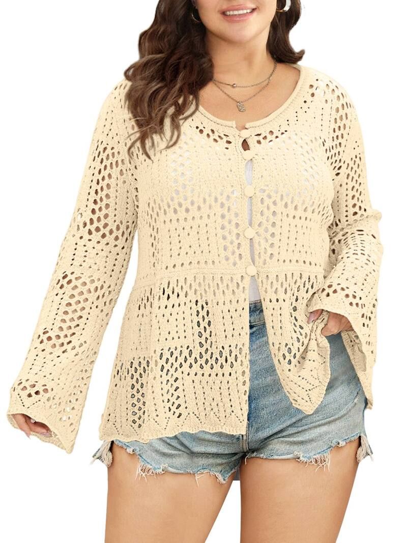 エリートチョイス レディース アウター ニット・セーター ボタンダウン プラスサイズ カーディガン ダウン Elitechoice Womens Plusize Open Work Crochet C