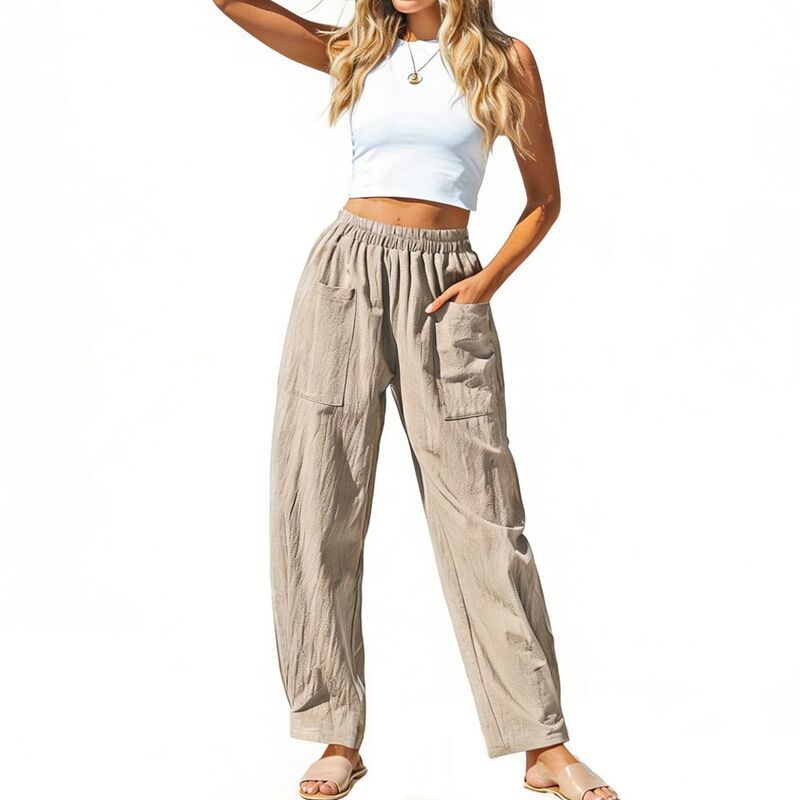 クリアフラワー レディース ボトムス カジュアルパンツ ワイドレッグ リネン ClearFlower Womens Linen Blend Wide Leg Pants Elastic Waist P