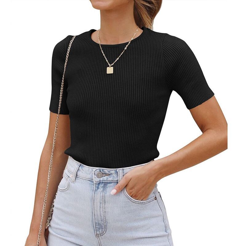 セオリア レディース アウター ニット・セーター リブ Seoria Womenshort Sleeve Ribbed Knit Pullover Sweater Spring Summeround