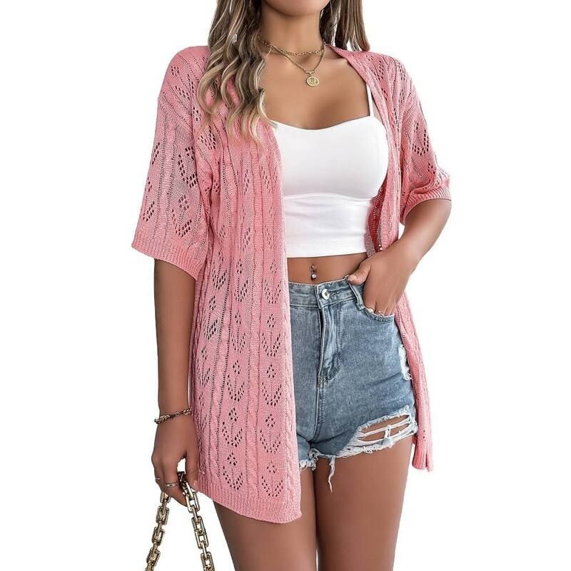 セオリア レディース アウター ニット・セーター カーディガン Seoria Womens Crochet Knit Cardigan Sweatershort Sleeve Open Front C
