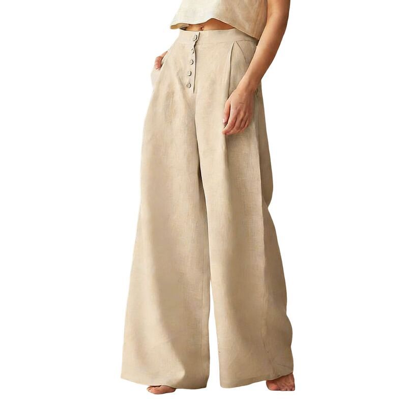 コジョイン レディース ボトムス カジュアルパンツ リネン ハイウエスト Kojooin Womens HighWaisted Linen WideLeg Pants with Pockets Kha