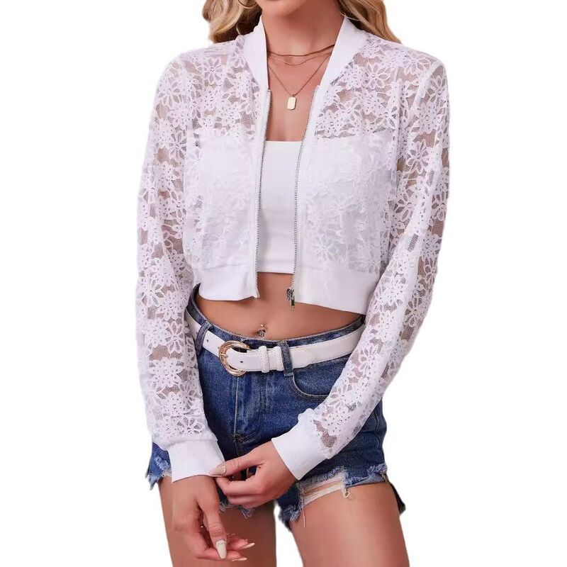 クリアフラワー レディース アウター ジャケット・ブルゾン シャツ シアー クロップド レース ClearFlower Womens Lace Sheer Long Sleeve Cropped Bo
