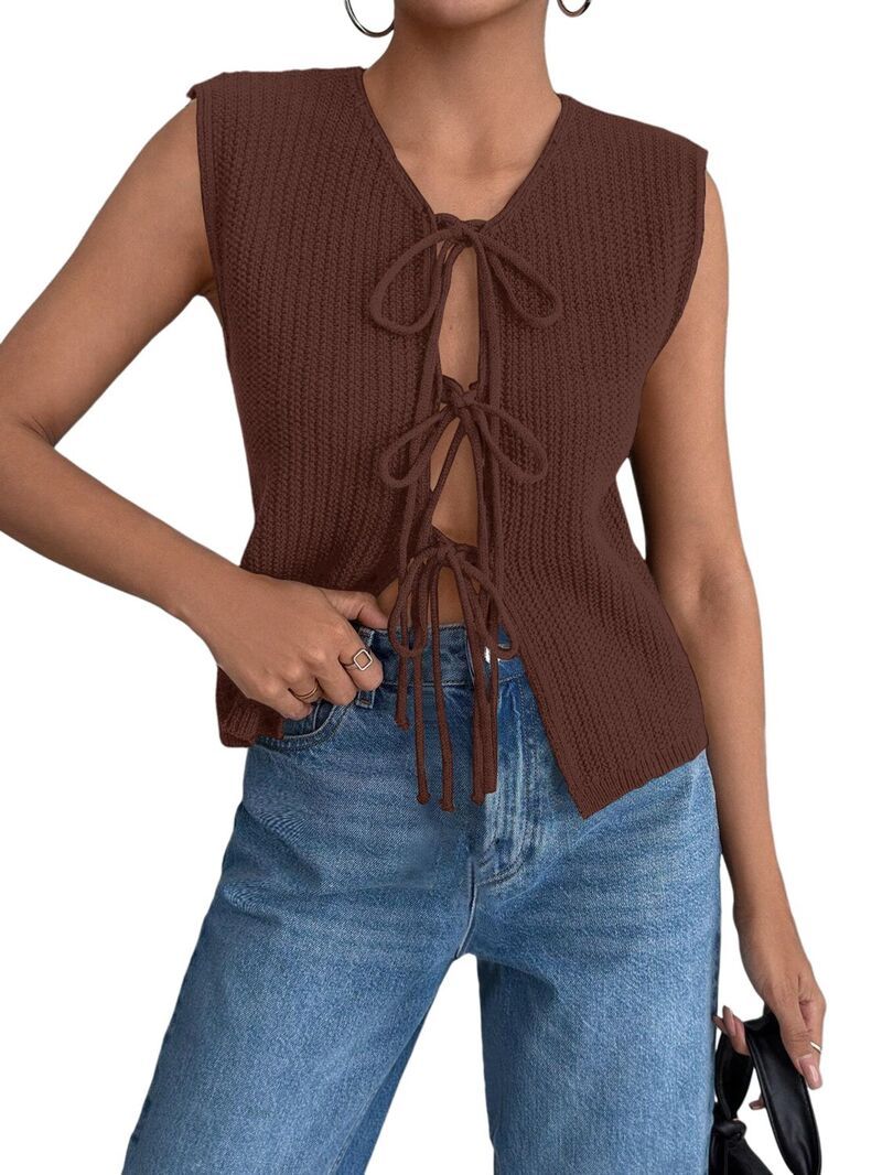 マキシスマーチ レディース アウター ニット・セーター Vネック ベスト ノースリーブ カーディガン Maxxis Merch Womens Tie Front Sweater Vest Open F