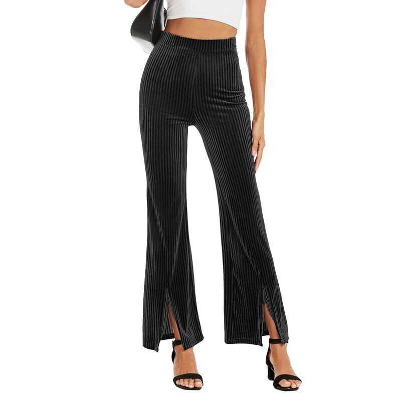 セオリア レディース ボトムス カジュアルパンツ サイドスリット ベルベット Seoria Women Elastic Waisted Velvet Side Slit Bell Pants Blac