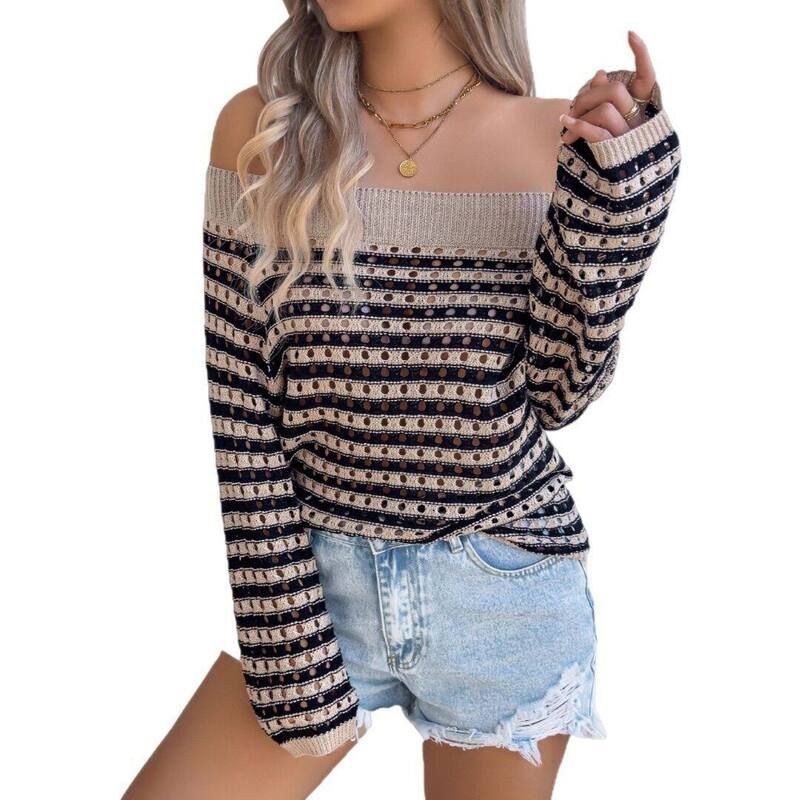イエスファッション レディース アウター ニット・セーター Yesfashion Womensweater Color Block Off The Shoulder Pullover Sweaters