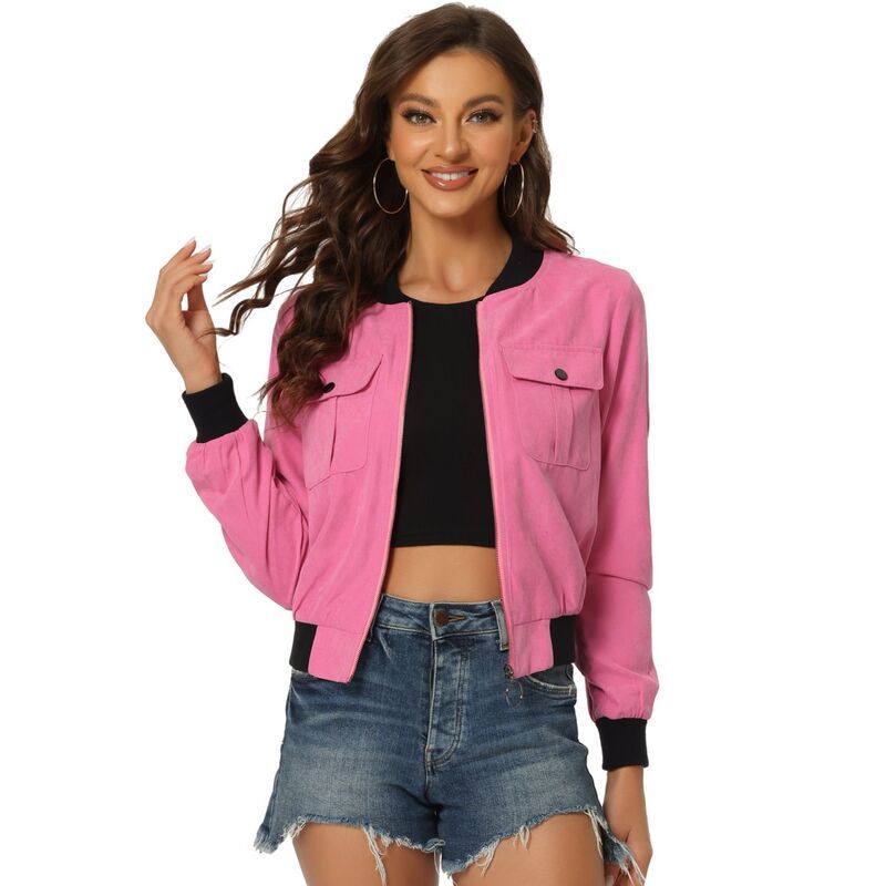 アレグラ ケー レディース アウター ジャケット・ブルゾン ALLEGRA K Womenstand Collar Long Sleeve Zip Up Flapocket Bomber Jacket