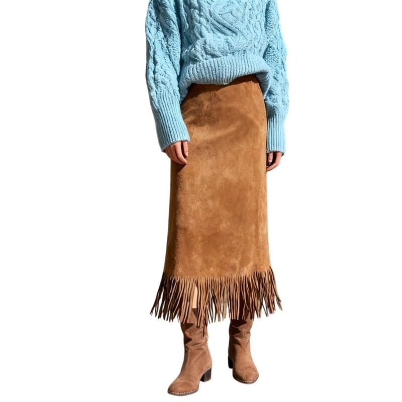 イエスファッション レディース ボトムスカート ミディ スエード フリンジ Yesfashion Womens Fringe Trim Faux Suede Skirt High Waisted Pe