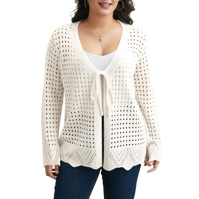 セオリア レディース アウター ニット・セーター プラスサイズ カーディガン Seoria Plusize Women Tie Front Hollow Out Knit Cardigan White