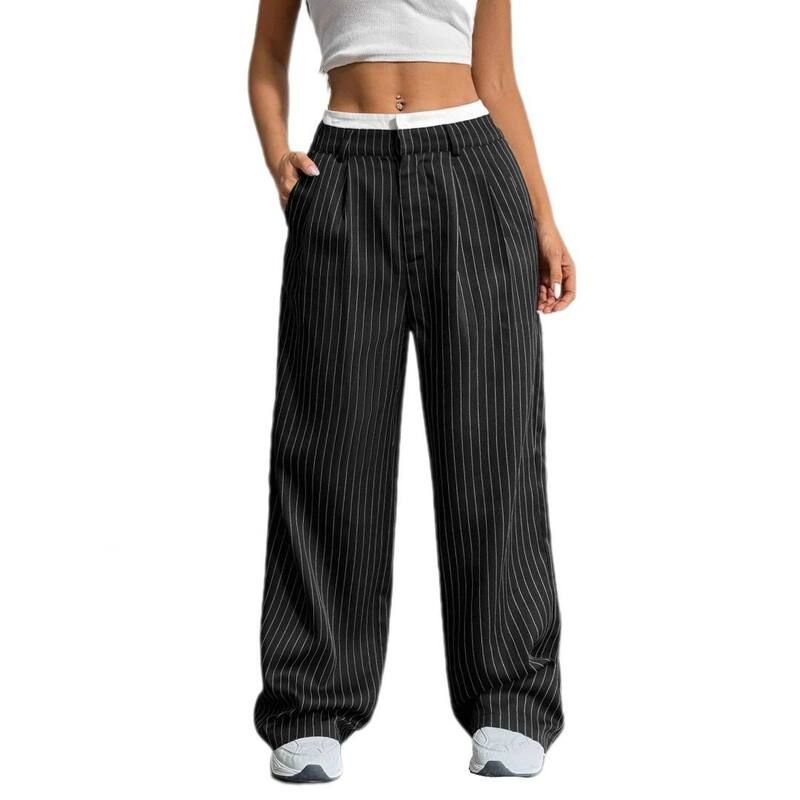 イエスファッション レディース ボトムス カジュアルパンツ ワイドレッグ Yesfashion Womenstriped Straight Pants Color Block High Waisted