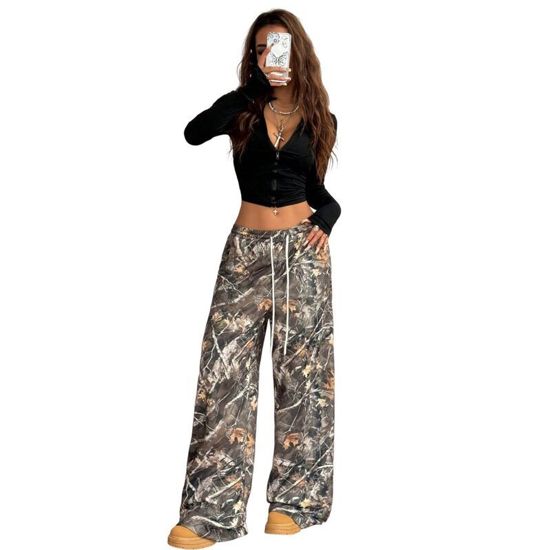 セオリア レディース ボトムス カジュアルパンツ ワイドレッグ スウェットパンツ Seoria Womens Camo Cargo Baggy Pants Y2K Streetwear Drawstr