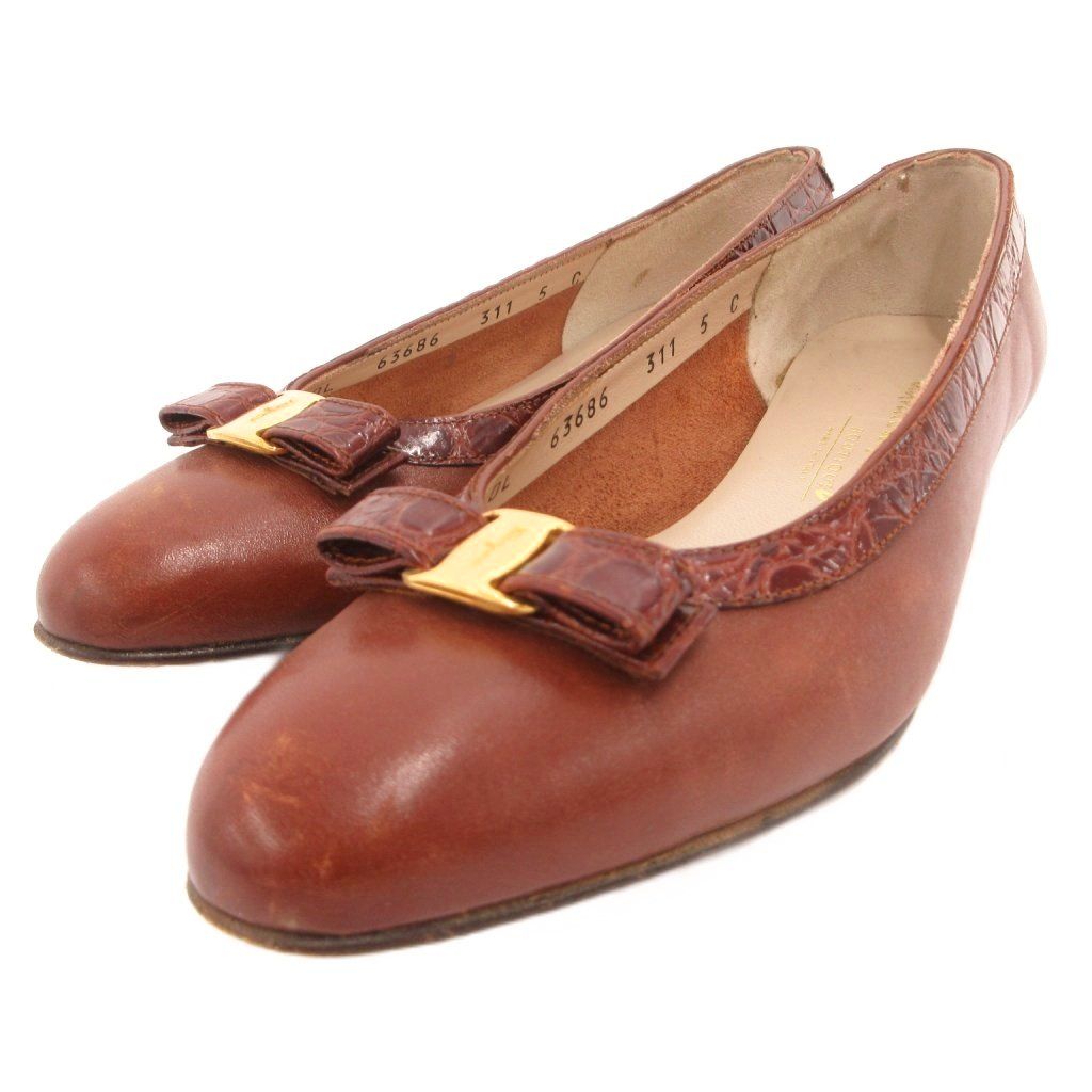 サルヴァトーレフェラガモ Salvatore Ferragamo ヴァラリボン フラットパンプス シューズ レザー 5 茶 ブラウン /JS ■GY18