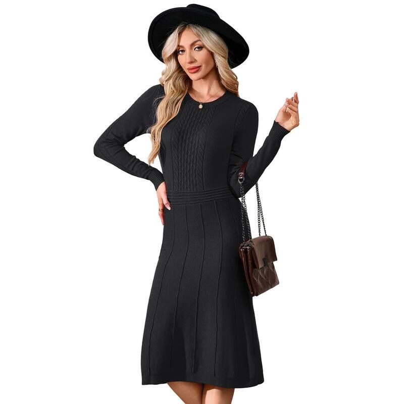 セオリア レディース トップス ワンピース クルーネック リブ ミディ セーター ニット Seoria Womens Long Sleeve Casual Dress Fall Ribbed Knit