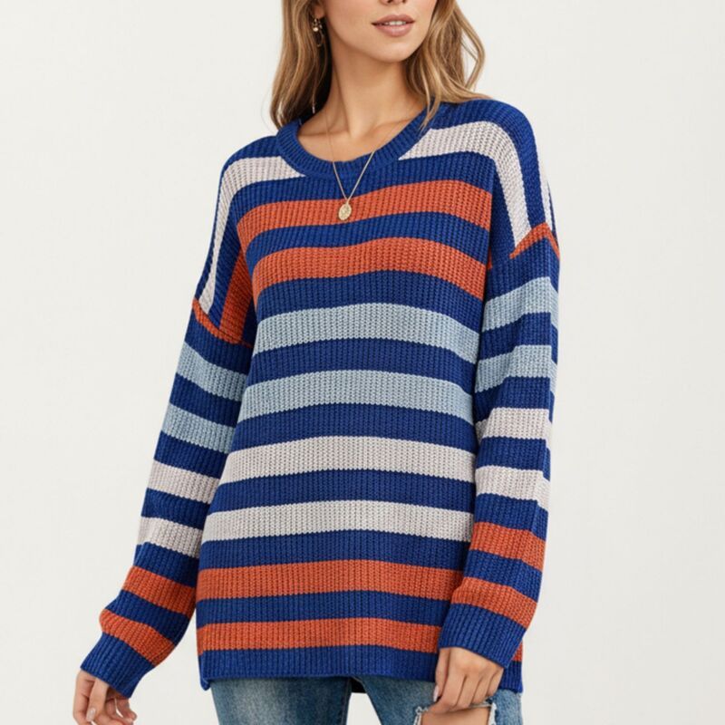 アンナカシ レディース アウター ニット・セーター リラックスフィット クルーネック AnnaKaci Womens Long Sleeve Crew Neck Striped Knit Sweate