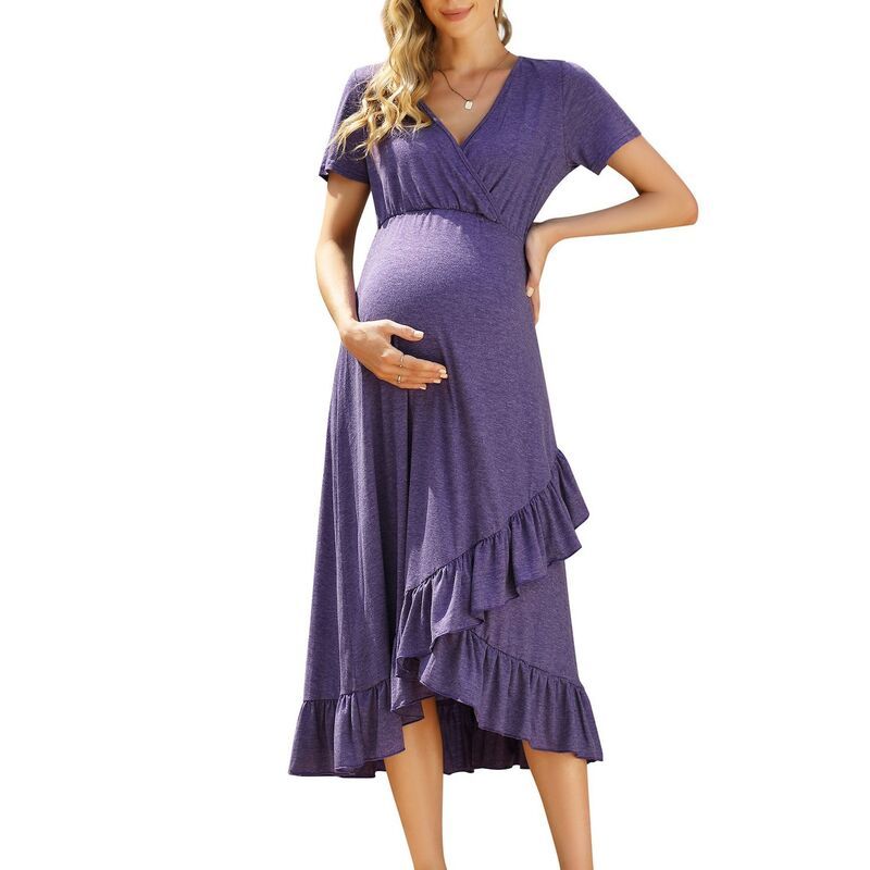 セオリア レディース トップス ワンピース Vネック フリル ミディ マタニティ Seoria Womens Maternity Dress Baby Shower Short Sleeve Ruff