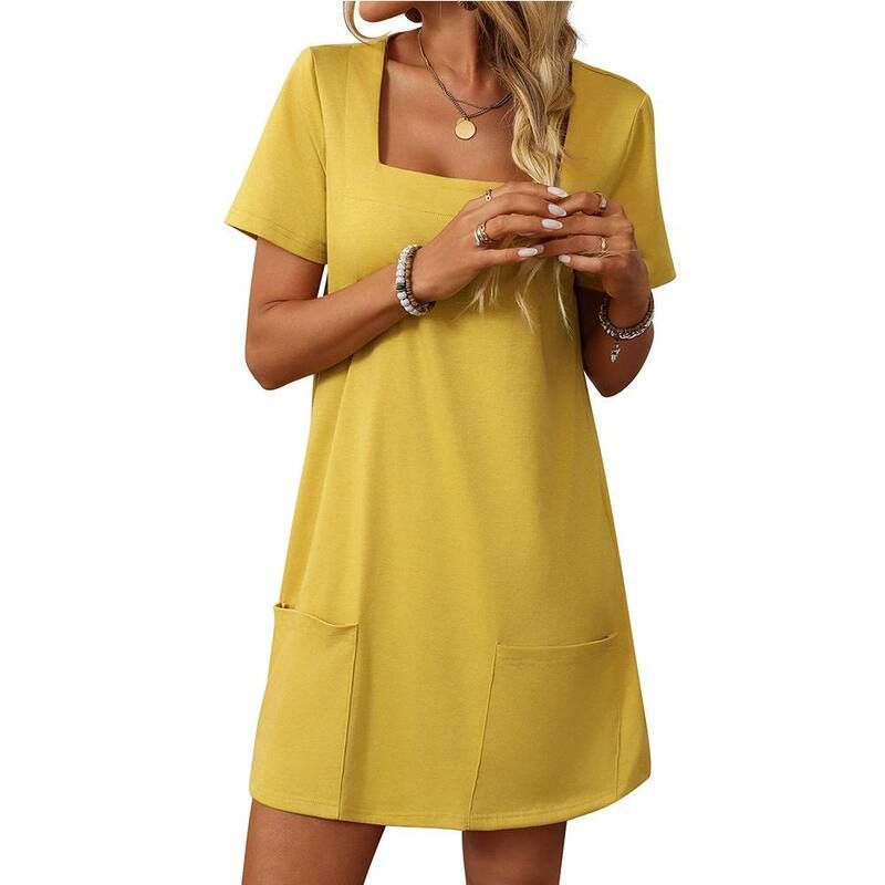 ファンジュライ レディース トップス ワンピース ミニ FUNJULY Womensquare Neck Short Sleeve Mini Dress Casual Summer Dress wit