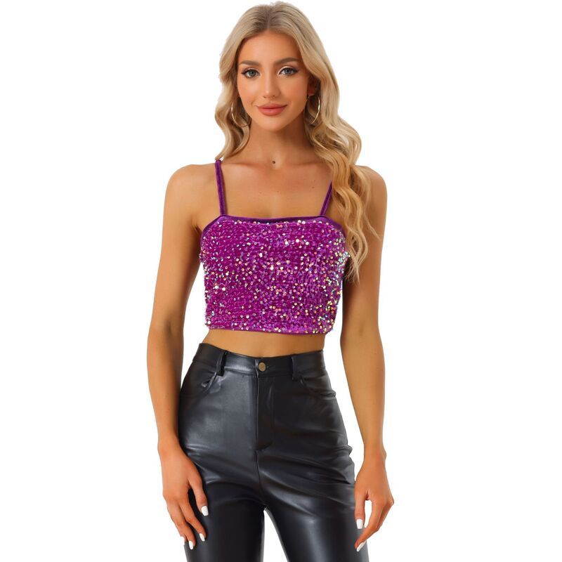 アレグラ ケー レディース トップス Tシャツ ベルベット スパンコール ALLEGRA K Womens Velvet Spaghetti Strap Glitter Sequin Crop Cam
