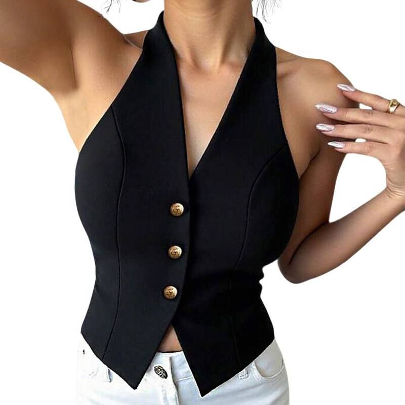 エリートスピリット レディース トップス シャツ ボタンダウン アシンメトリー ベスト ノースリーブ ダウン ホルター EliteSpirit Womens Halter Neck Sleeveles