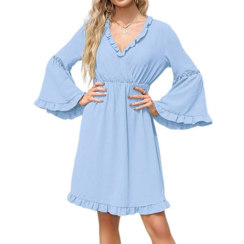 イエスファッション レディース トップス ワンピース Vネック フリル ミニ Yesfashion Womens V Neck Long Sleeve Cute Dress Ruffled Elast