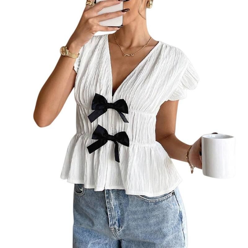 イエスファッション レディース トップス シャツ Vネック フリル キャップ ブラウス Yesfashion Womens Bow Textured Ruffle Peplum Top Coquett