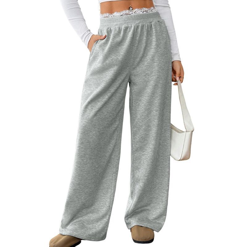セオリア レディース ボトムス カジュアルパンツ ストレート パッチワーク レース Seoria Womens Lace Patchwork Straight Leg Sweatpant Drawst
