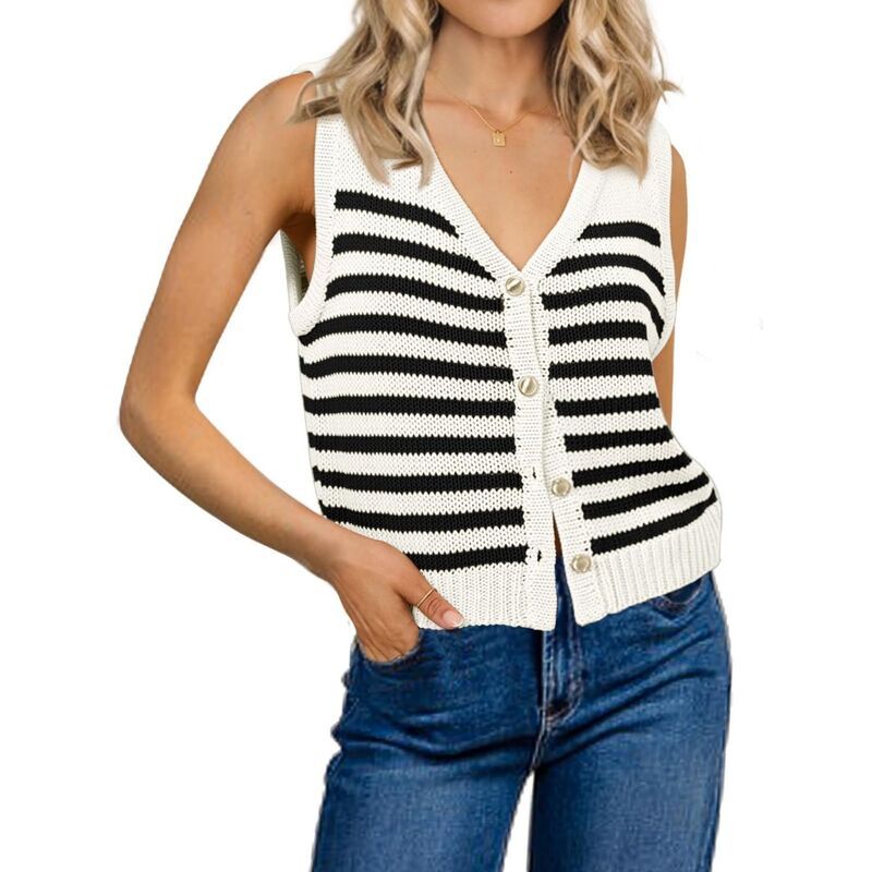 セオリア レディース アウター ニット・セーター ボタンダウン ベスト シャツ ダウン Seoria Women Knit Vestopstriped Sweaters Button Down Shi