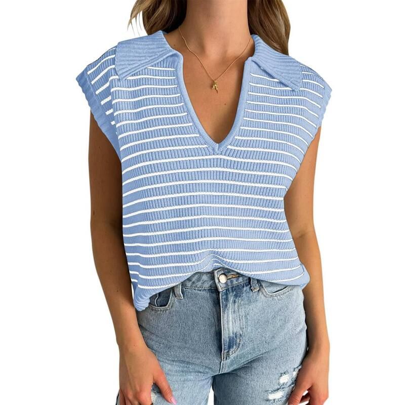 コジョイン レディース アウター ニット・セーター ベスト Kojooin Women Oversized Striped Knit Vest Collared Pullover Loose Fito