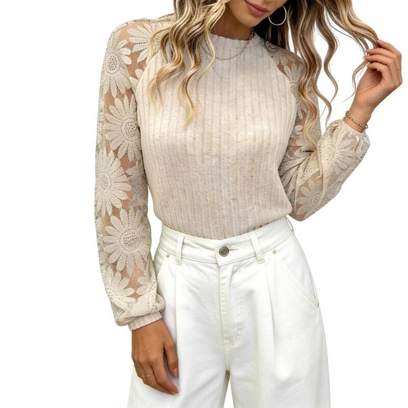 クリアフラワー レディース トップス シャツ リブ シアー ブラウス レース ニット ClearFlower Womens Flared Bell Sleeve Lace Blouse Ribbed