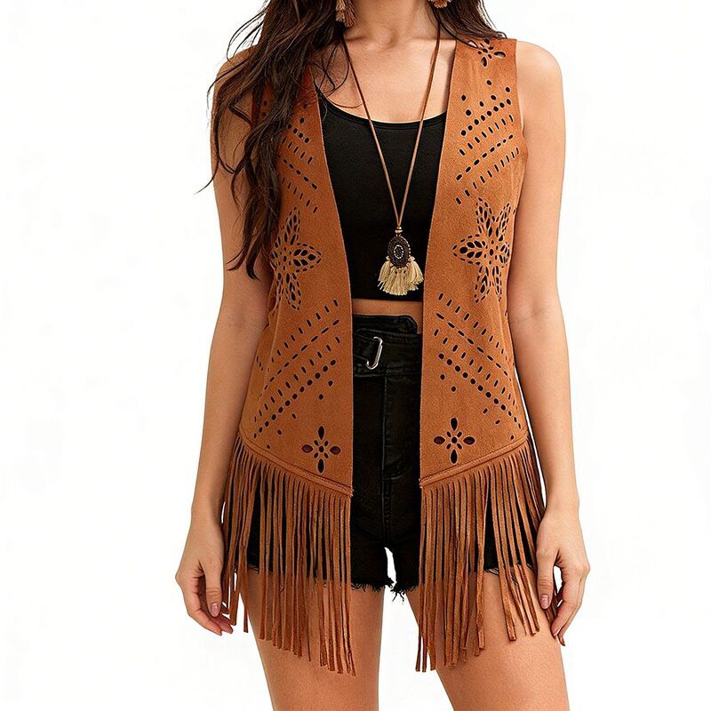 エリートスピリット レディース アウター ジャケット・ブルゾン カットアウト ベスト スエード ノースリーブ フリンジ EliteSpirit Womensleeveless Open Front V